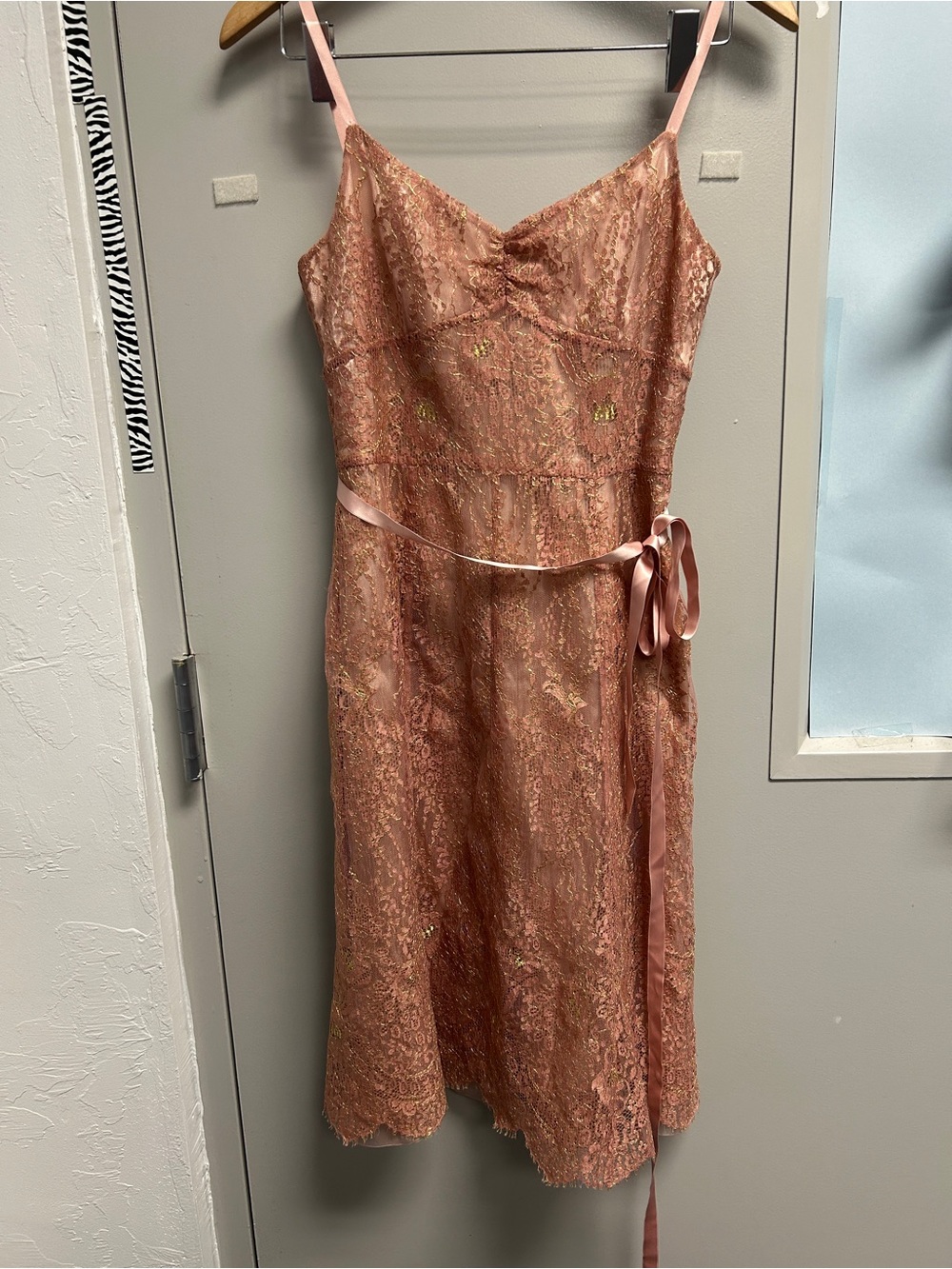 Ann Taylor Rose Gold Lace Midi Slip Dress with Satin Tie